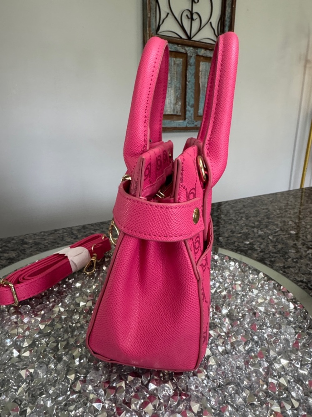 bebe Hot Pink Logo small Satchel with Gold-Tone Hardware and crossbody strap - Picture 5 of 16